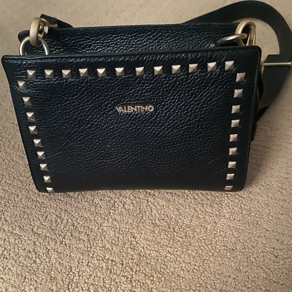 NWOT. Valentino black crossbody w matte gold trim. 9” x 7”   Beautiful